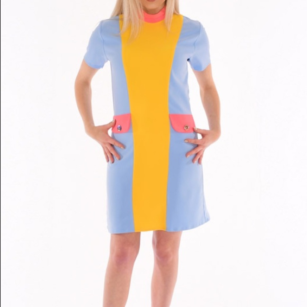 Dorothy Zudora Twiggy 60s Mock Neck Mod Scooter Dress 16 periwinkle gold coral